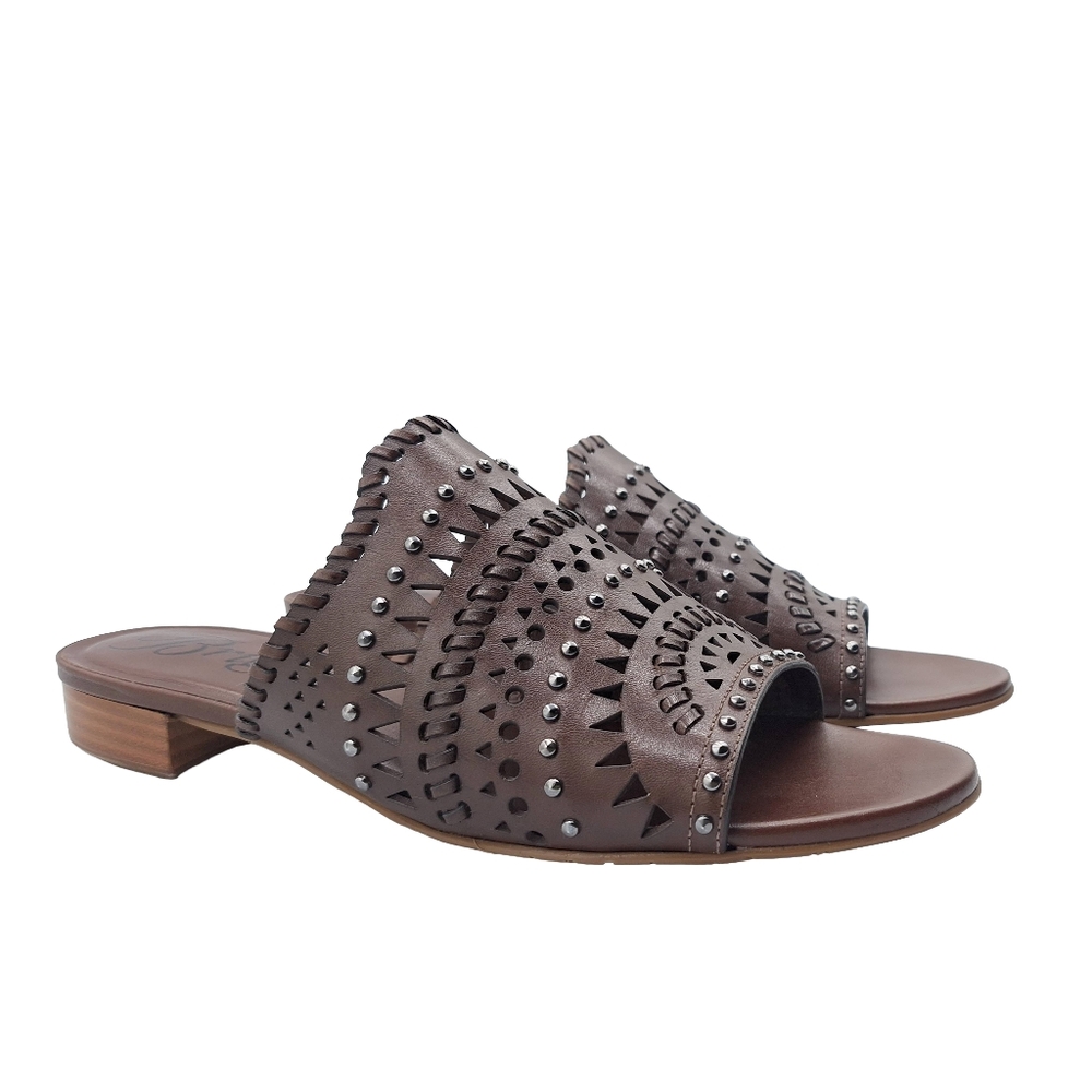 Brighton Ferrara NEO Caramel Laser Cut Studded Leather Sandals - 9 - Picture 2 of 13